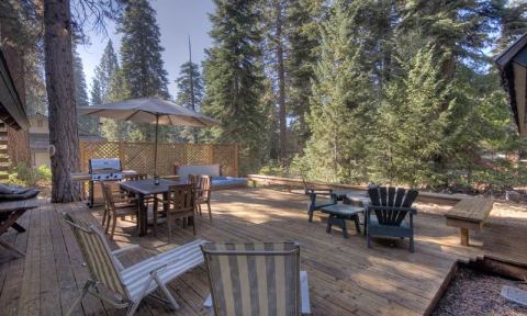 Deck with Fire Ring, Hot Tub, BBQ & Patio Furn. - North Lake Tahoe Vacation Cabins